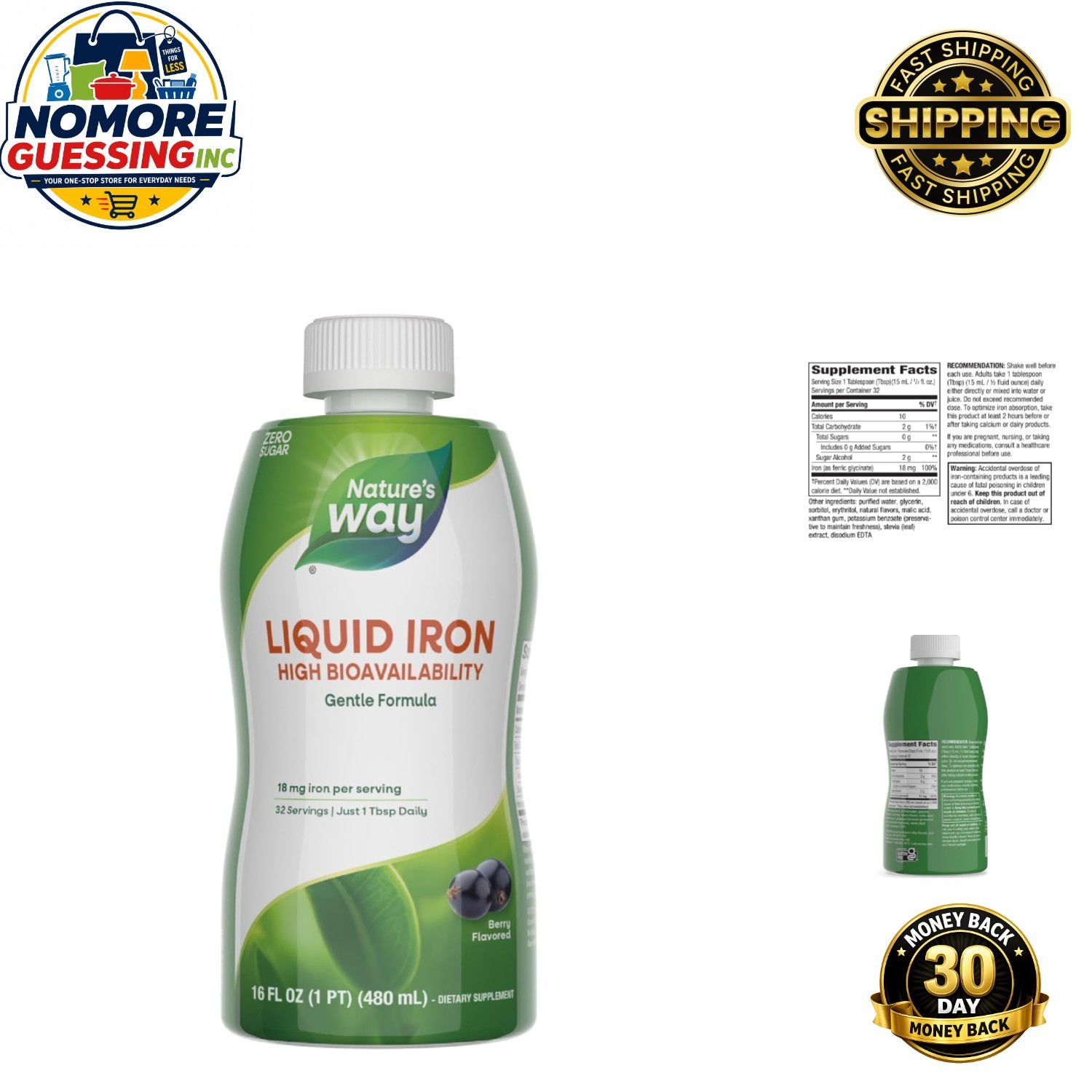 Nature’s Way Liquid Iron Supplement – 18 mg, Sugar-Free, 16 Fl Oz – Berry Flavor