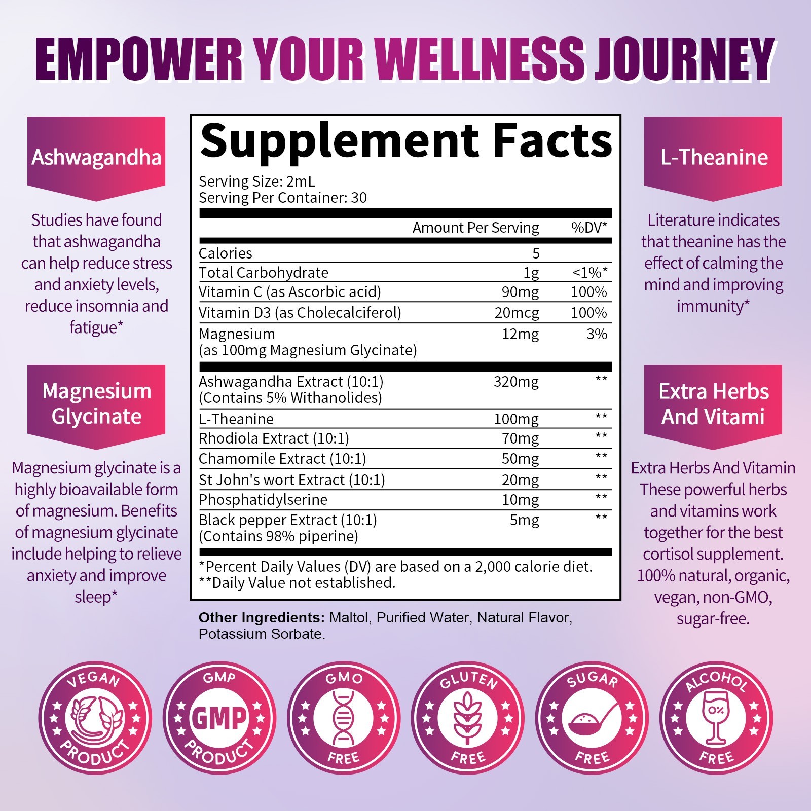 Cortisol Support Liquid Drop w/ Magnesium Ashwagandha -Balanced Adrenal Function