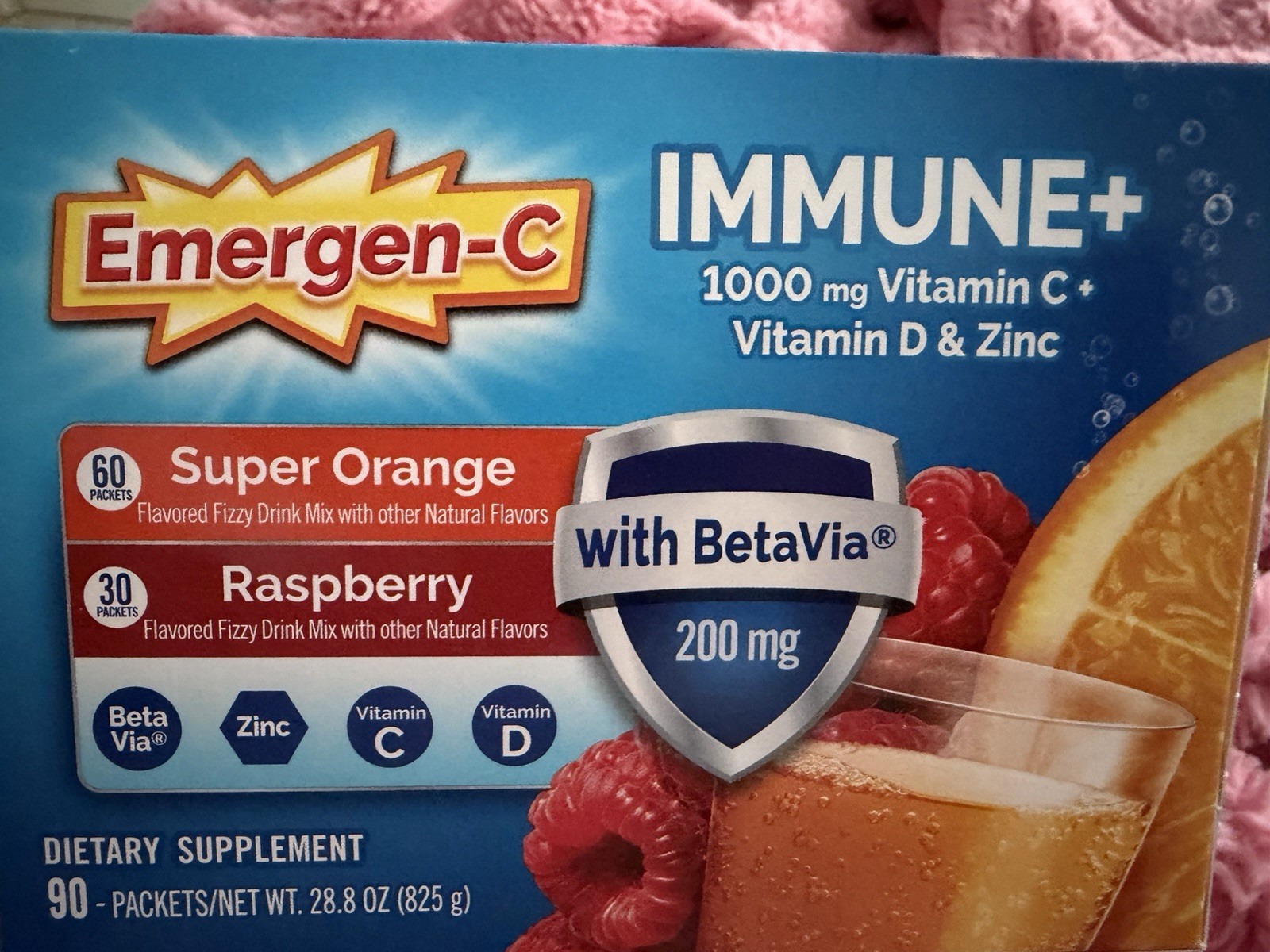 Emergen-C Immune+ Variety Pack 90 Packets Super Orange & Raspberry New Sealed