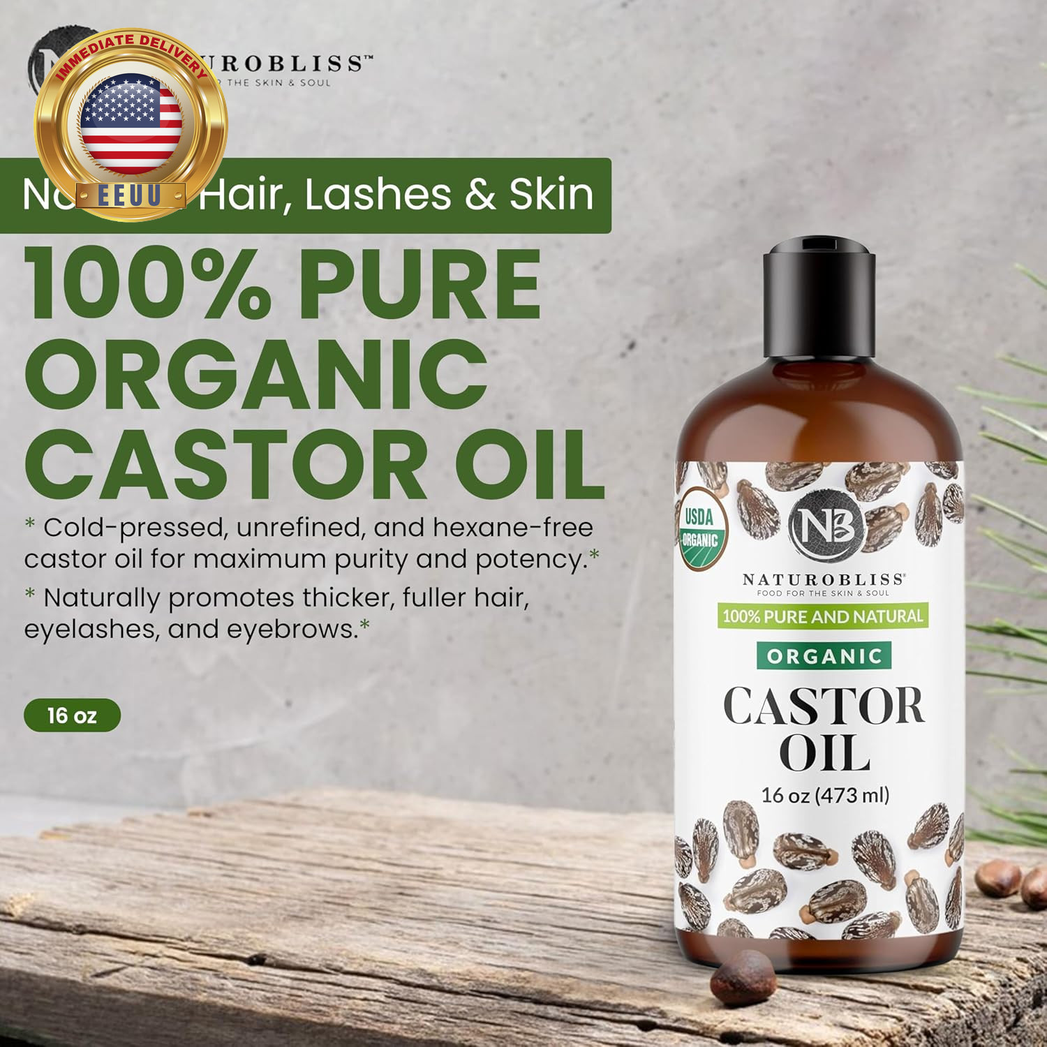 Organic Castor Oil 16 Oz – 100% Pure, Expeller-Pressed, Hexane-Free – Value Size