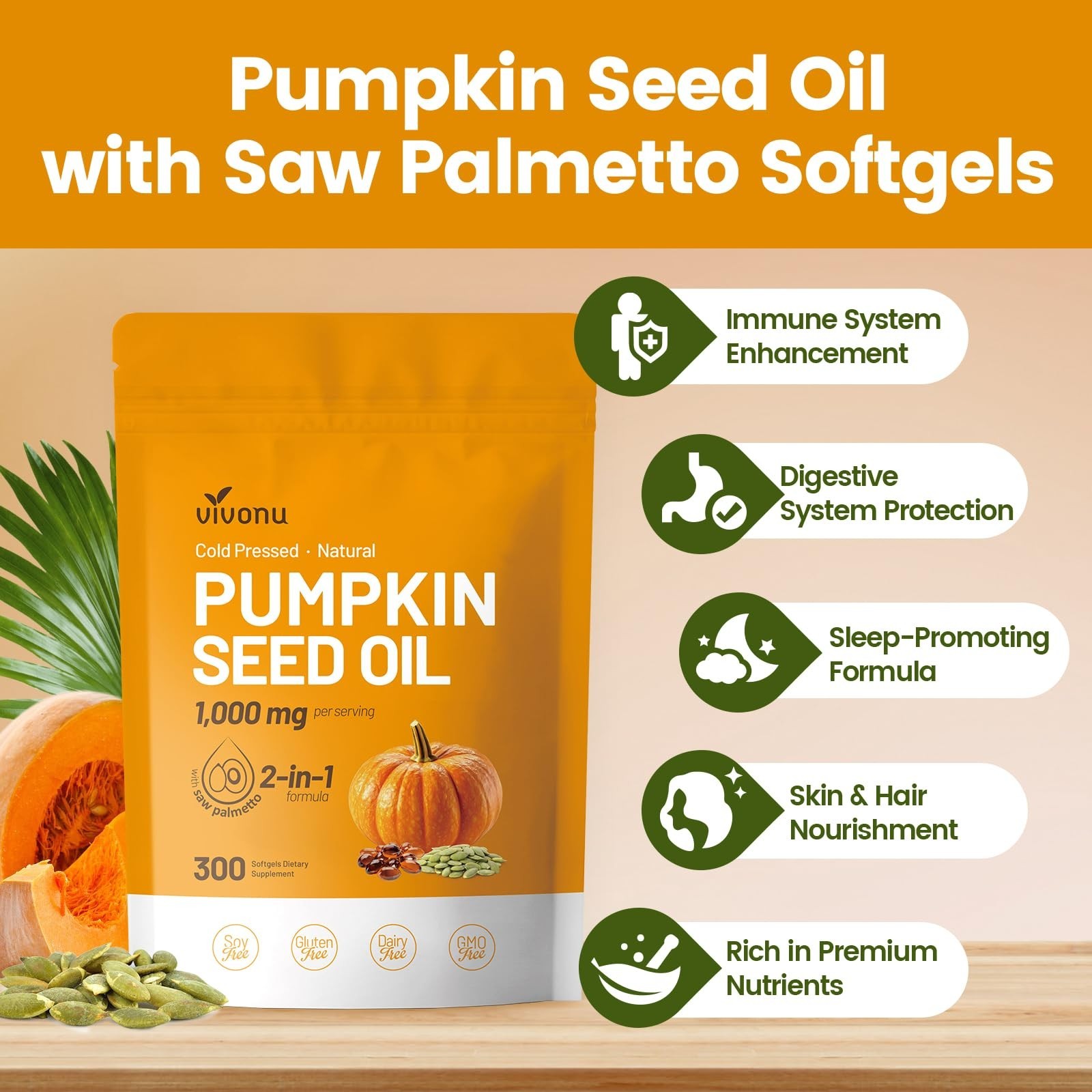 Pumpkin Seed Oil & Saw Palmetto Softgels, 300 Non-GMO Capsules | Cold Pressed, H