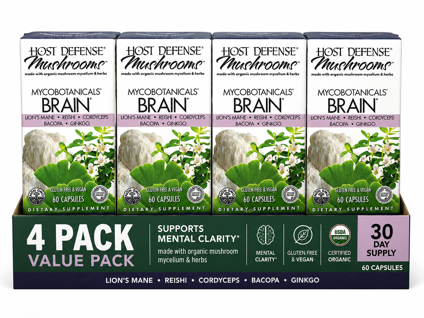 Host Defense MycoBotanicals® Brain – 60 Veg Capsules – Pack of 4