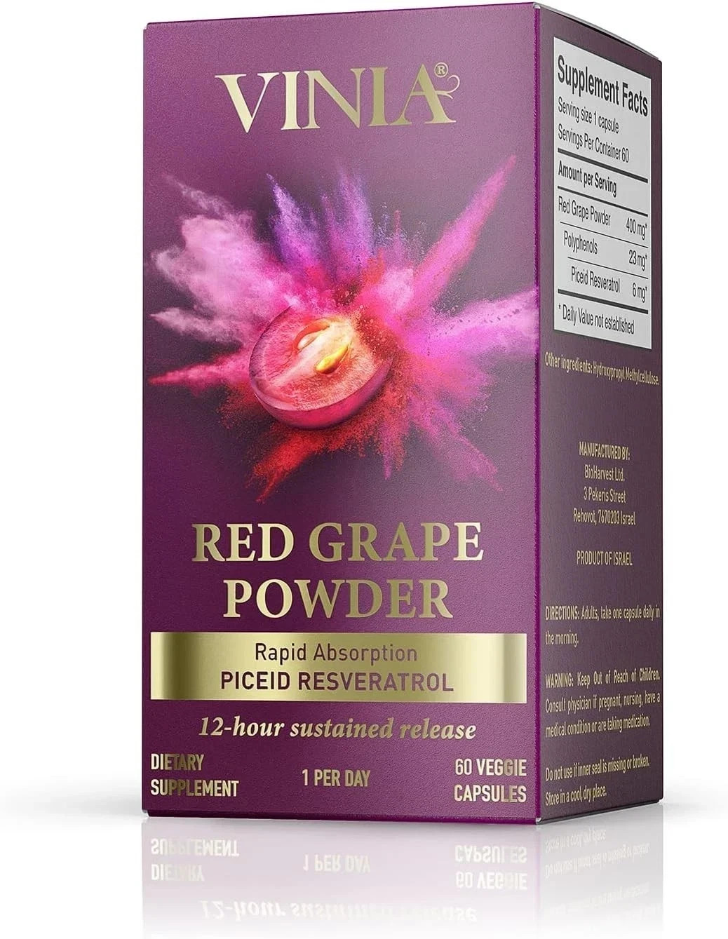 Vinia Red Grape Powder Rapid Absorbtion Piceid Resveratrol 60 Capsules 3 Pack
