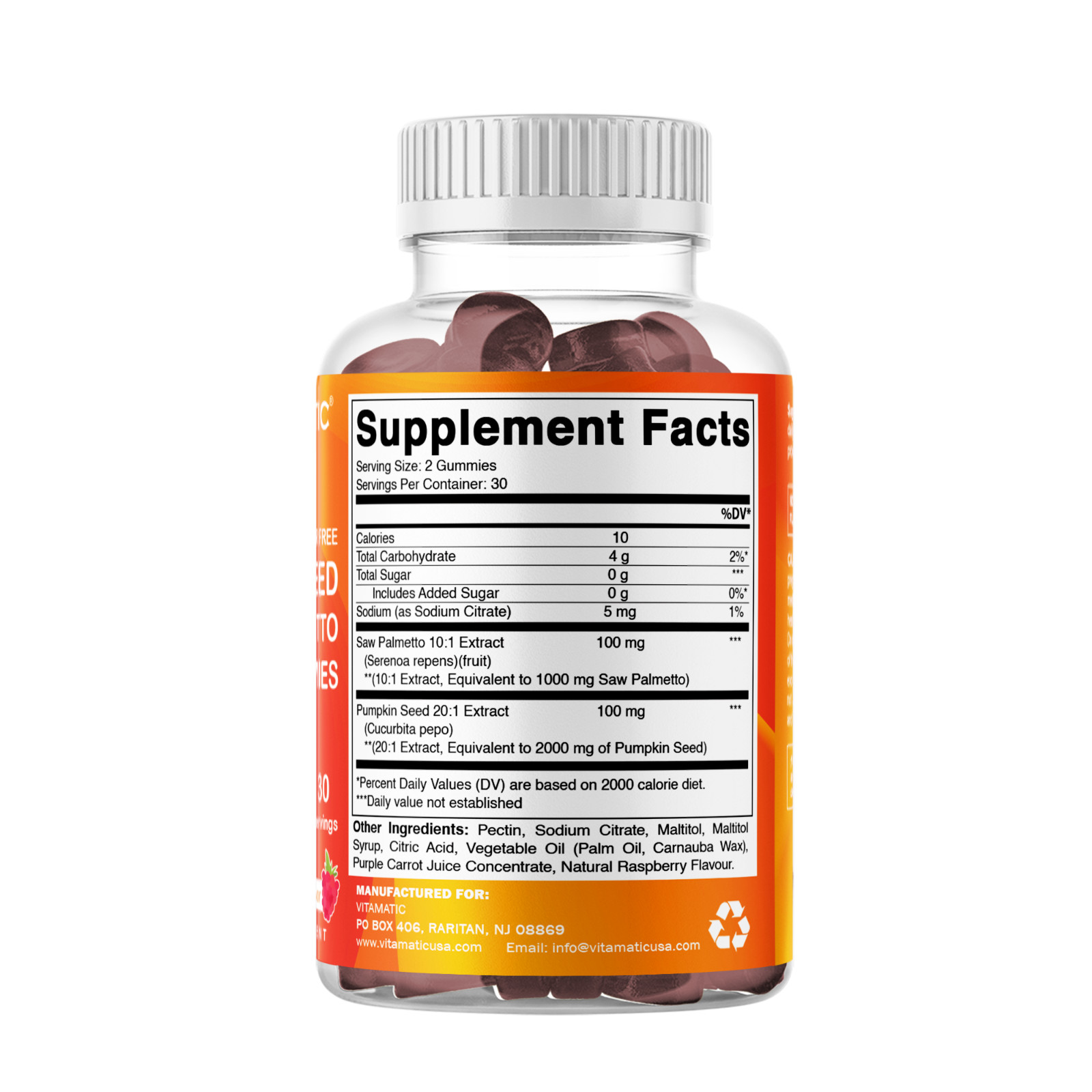 Vitamatic 2 Packs Sugar Free Pumpkin Seed Gummies Natural Raspberry Flavor-60 ct