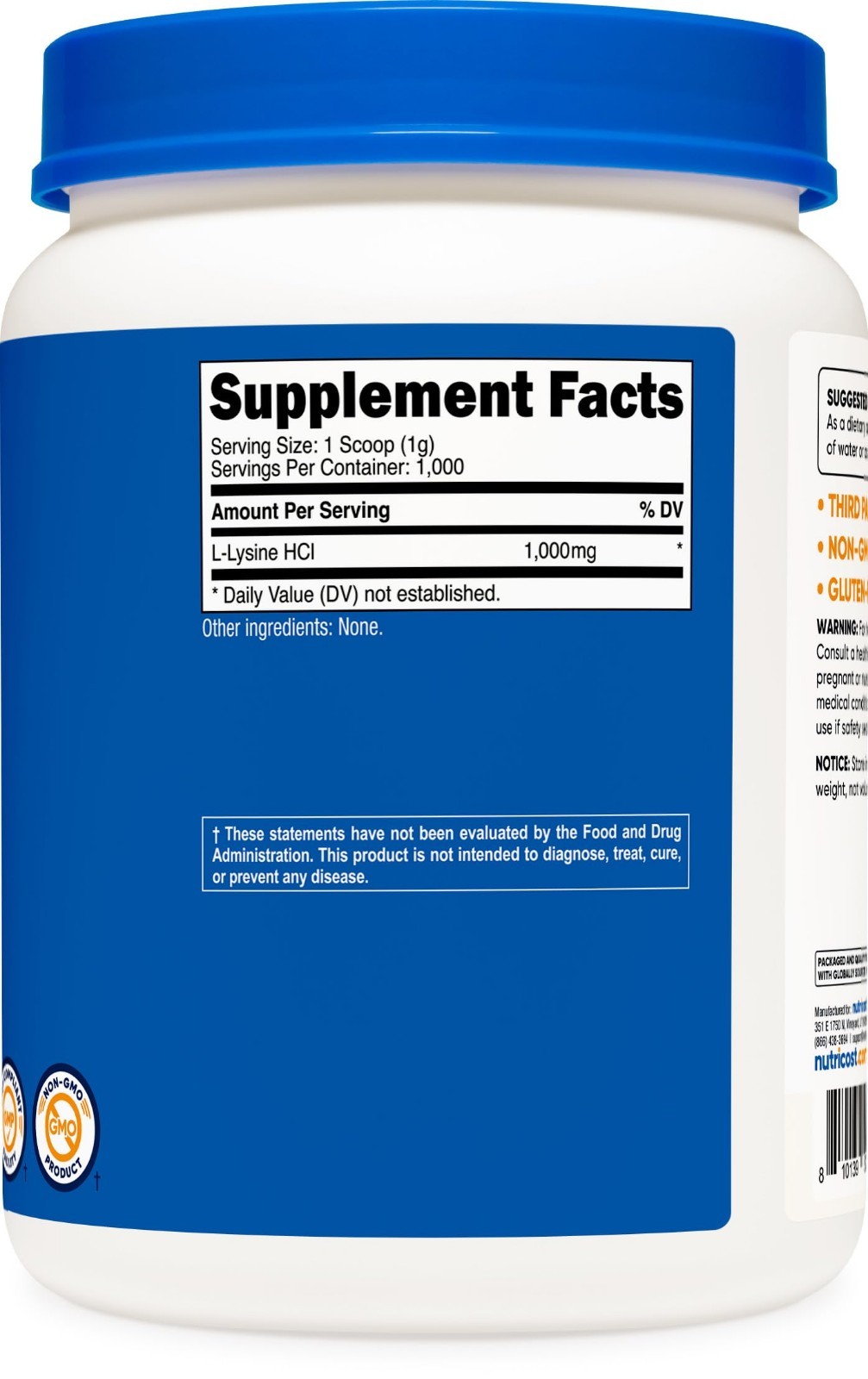 Pure L-Lysine Powder 1KG – Non-GMO, Gluten Free, Amino Acid Supplement, 2.2lbs