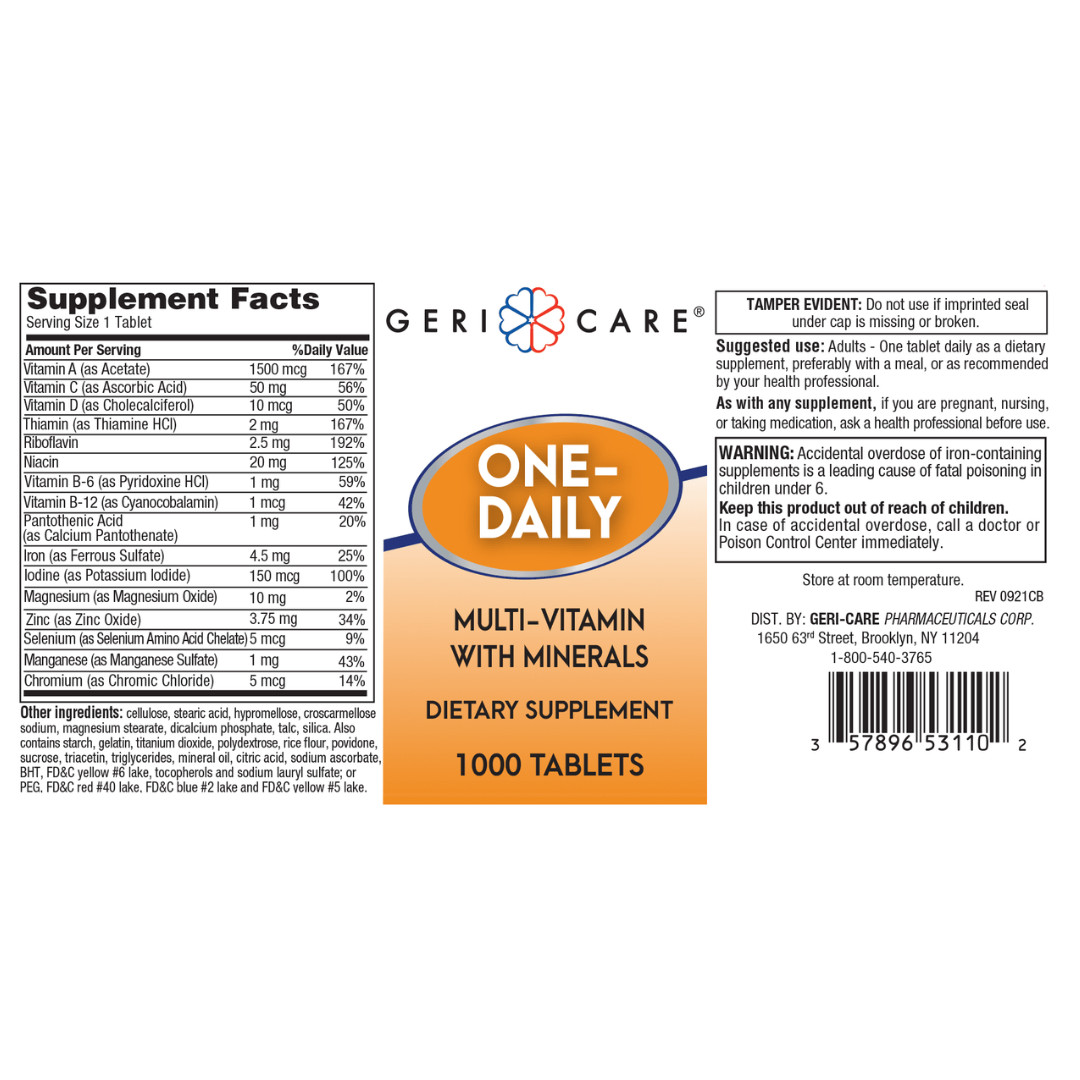 Geri-Care One-Daily Multivitamin w/ Minerals – 1000 Tablets | One A Day (5-2027)