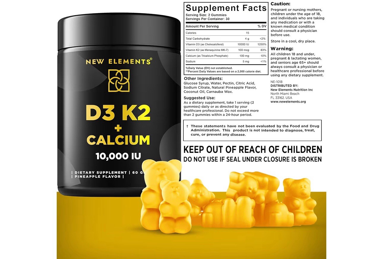 NEW ELEMENTS Vitamin D3 K2 + Calcium Gummies 10,000 IU 60 Count Exp 07/2026