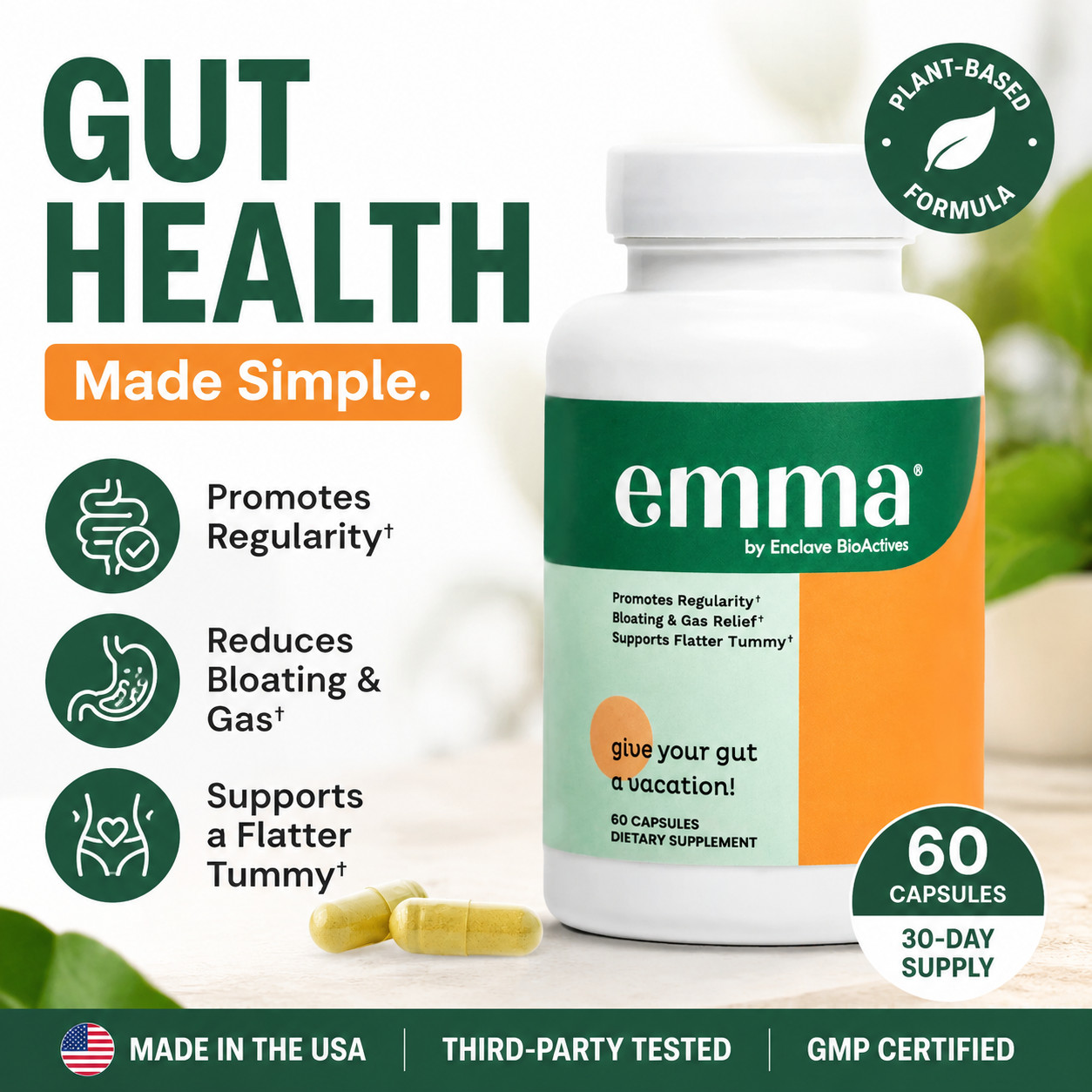 Emma Gut Health Supplement 60 Capsules for Bloating Relief & Leaky Gut ++