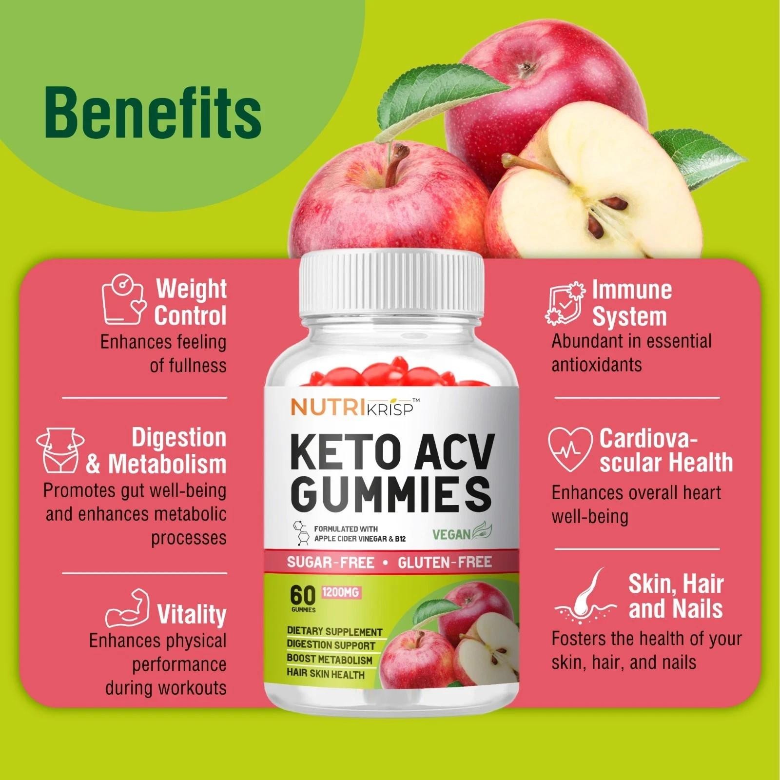 Nutrikrisp Keto ACV Gummies, 1200 mg, 60 Count, Sugar-free, Gluten-free