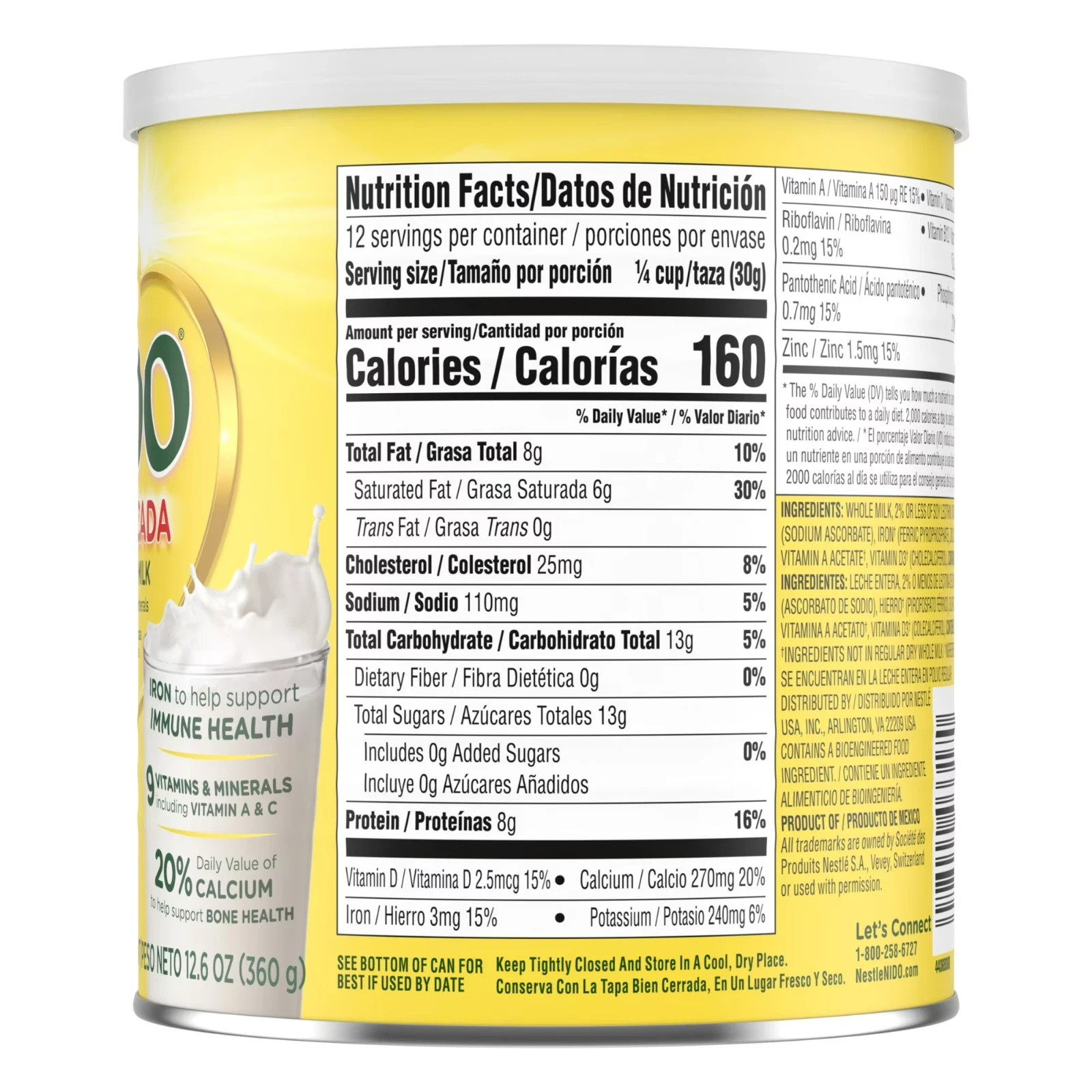NIDO Fortificada Dry Whole Milk Powder Vitamins A, C, D, Iron & Calcium, 12.6oz