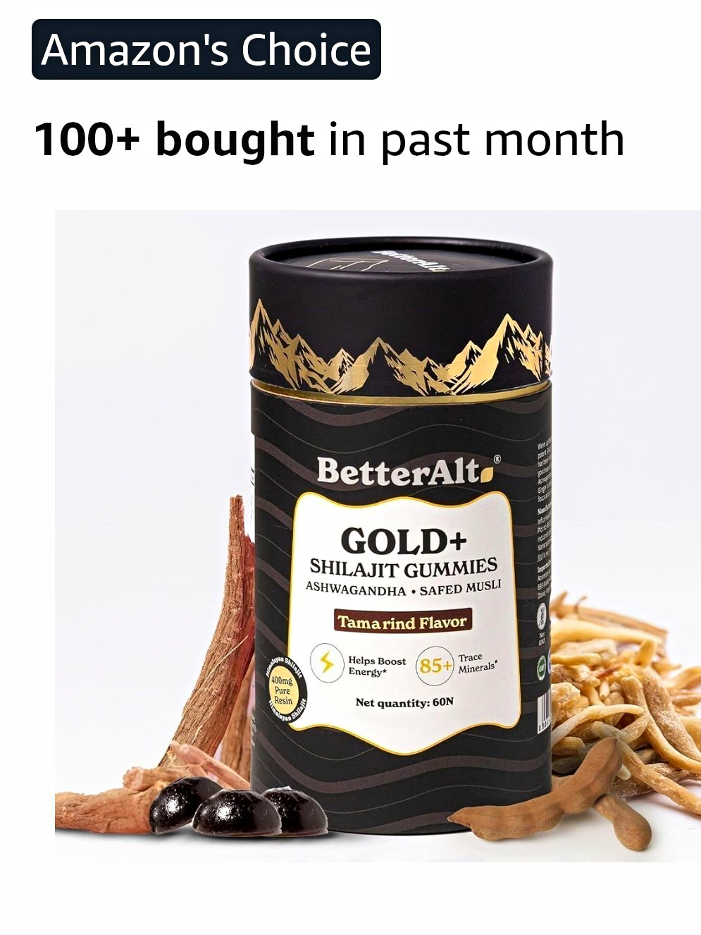 BetterAlt Gold+ Shilajit Ashwagandha Safed Musli Gummies Tamarind 60ct