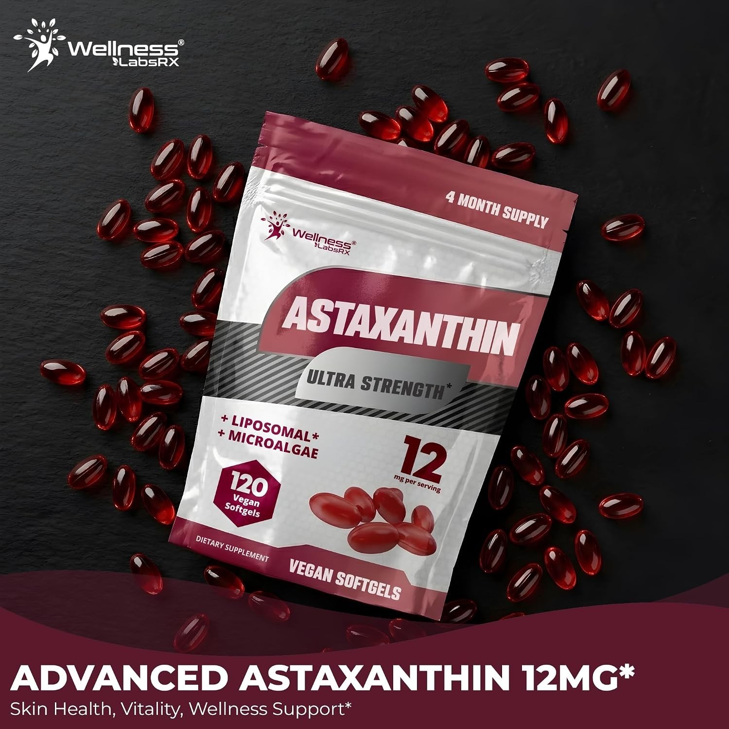 Liposomal Astaxanthin 12mg – 120 Vegan Softgels, 4 Month Supply, Natural Astaxan