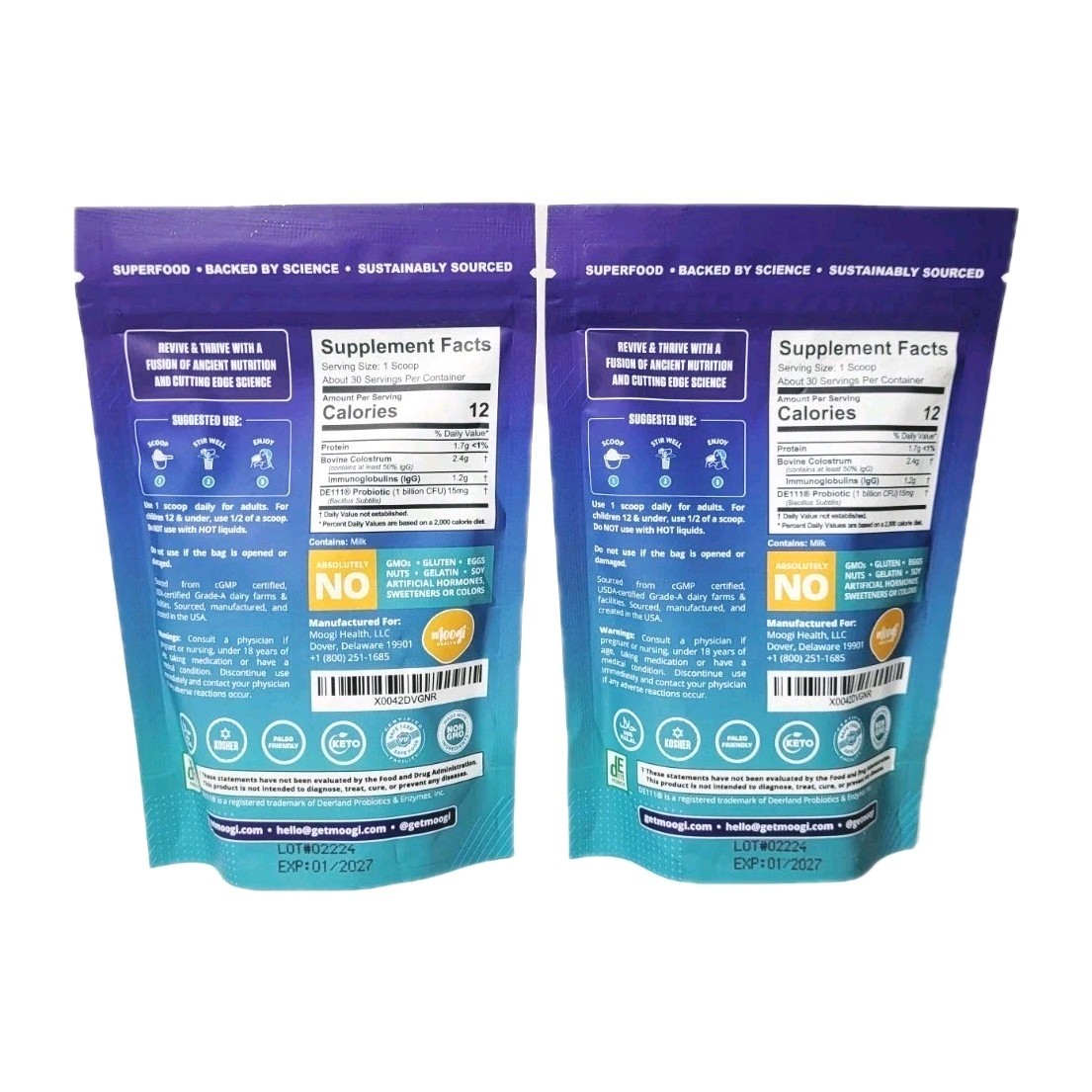 LOT OF TWO Grass Fed Bovine Colostrum Supplement Powder with DE111 Probiotics