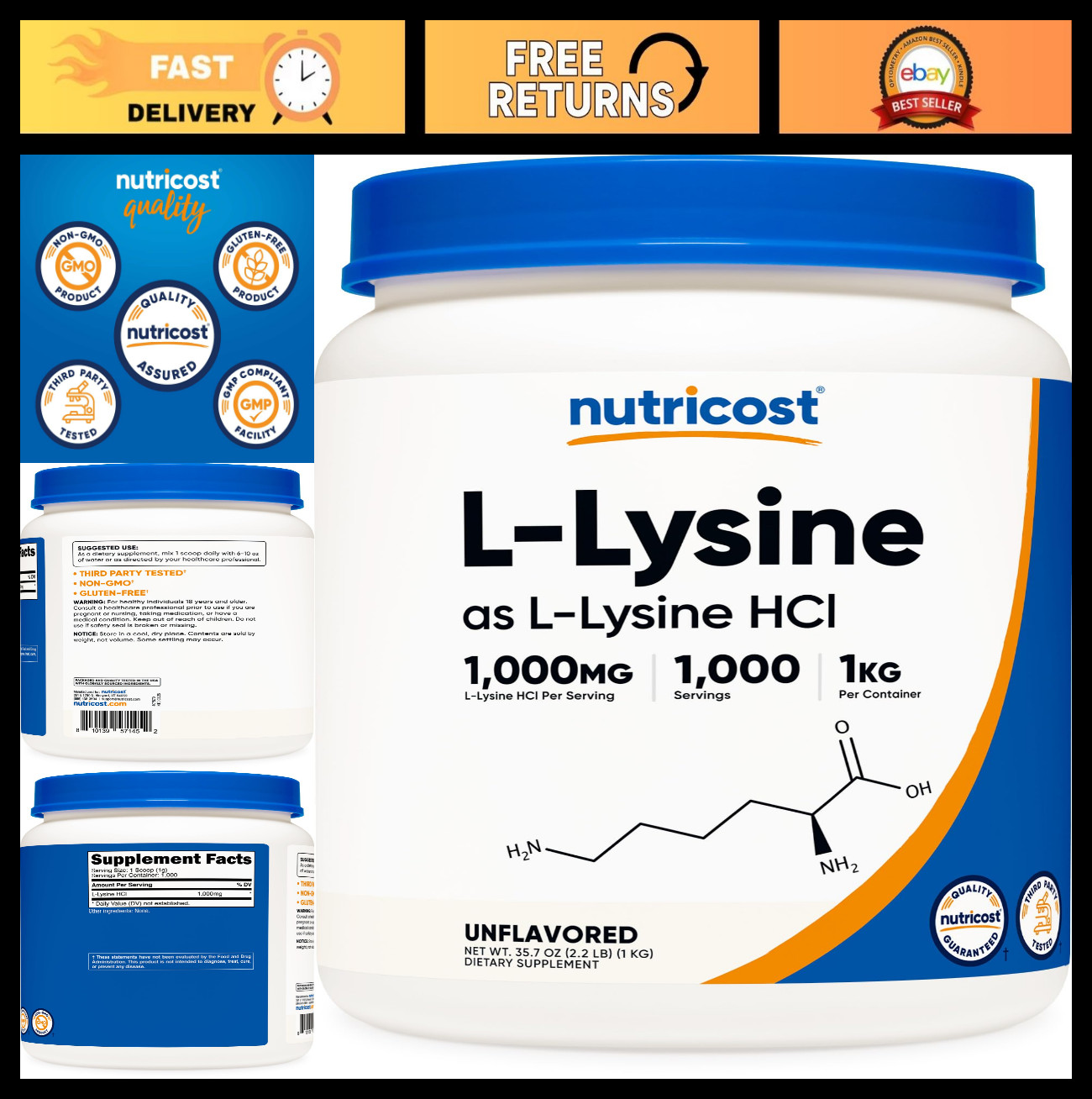 Pure L-Lysine Powder 1KG – Non-GMO, Gluten Free, Amino Acid Supplement, 2.2lbs