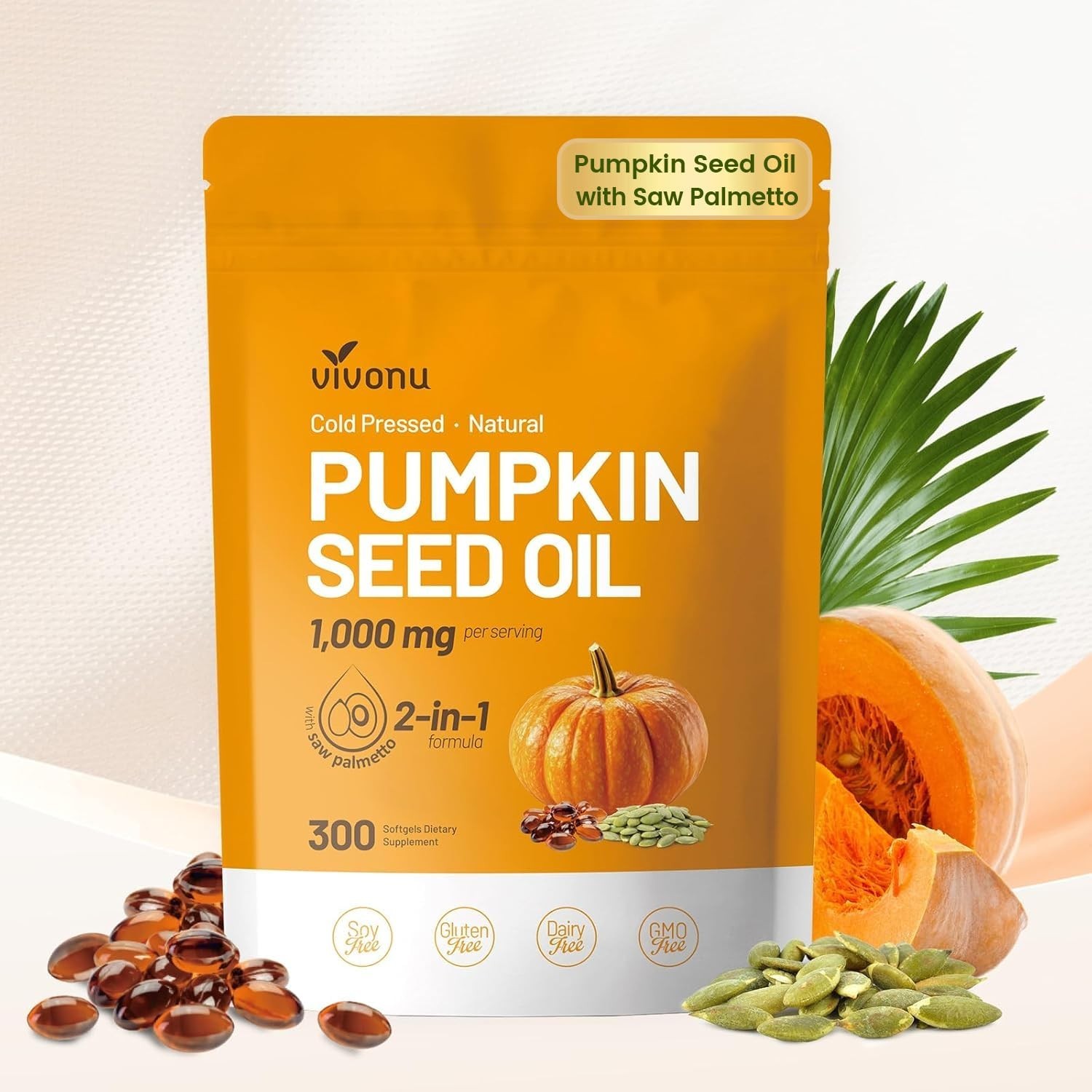Pumpkin Seed Oil & Saw Palmetto Softgels, 300 Non-GMO Capsules | Cold Pressed, H
