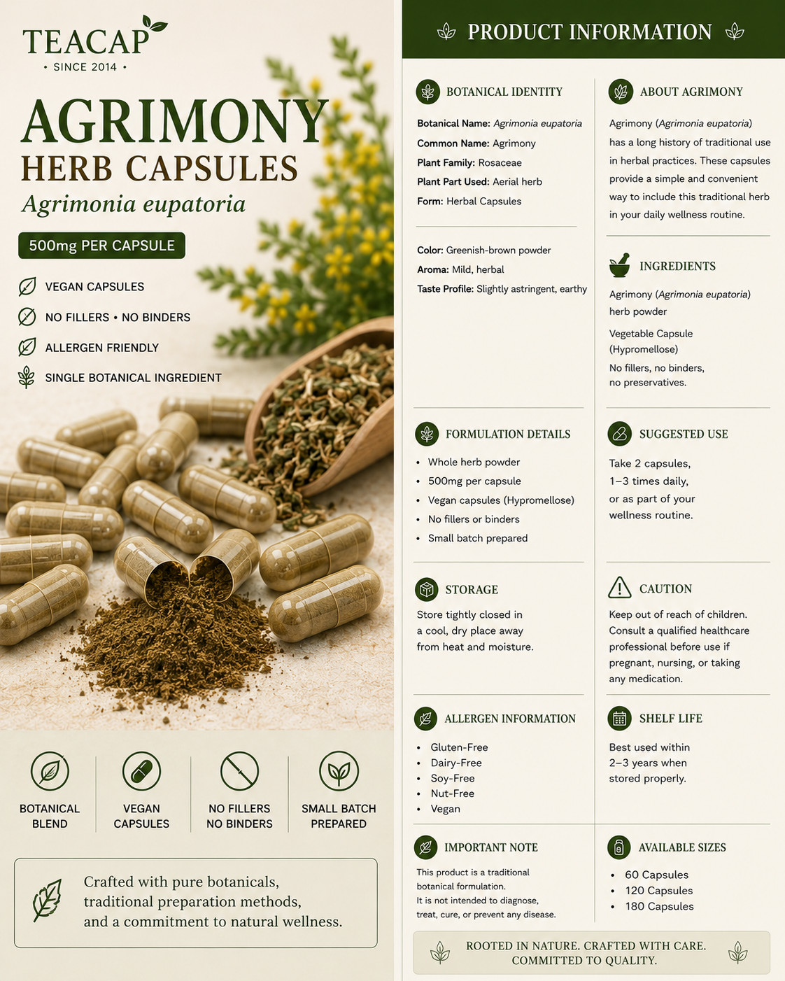 Agrimony Herb Capsules 500mg | 60 CT Vegan Allergen-Free Natural Detox & Liver