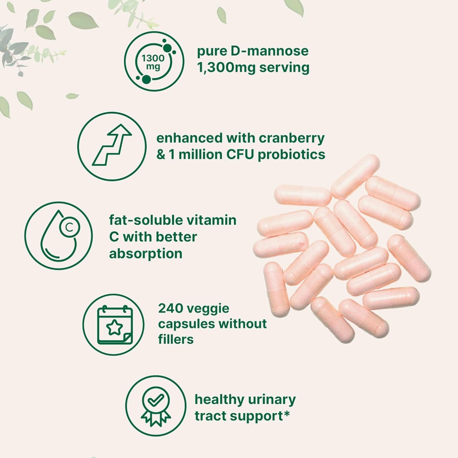 240 Pure D Mannose 1,300mg with Cranberry & Probiotics, 1 Million CFU Probiotics