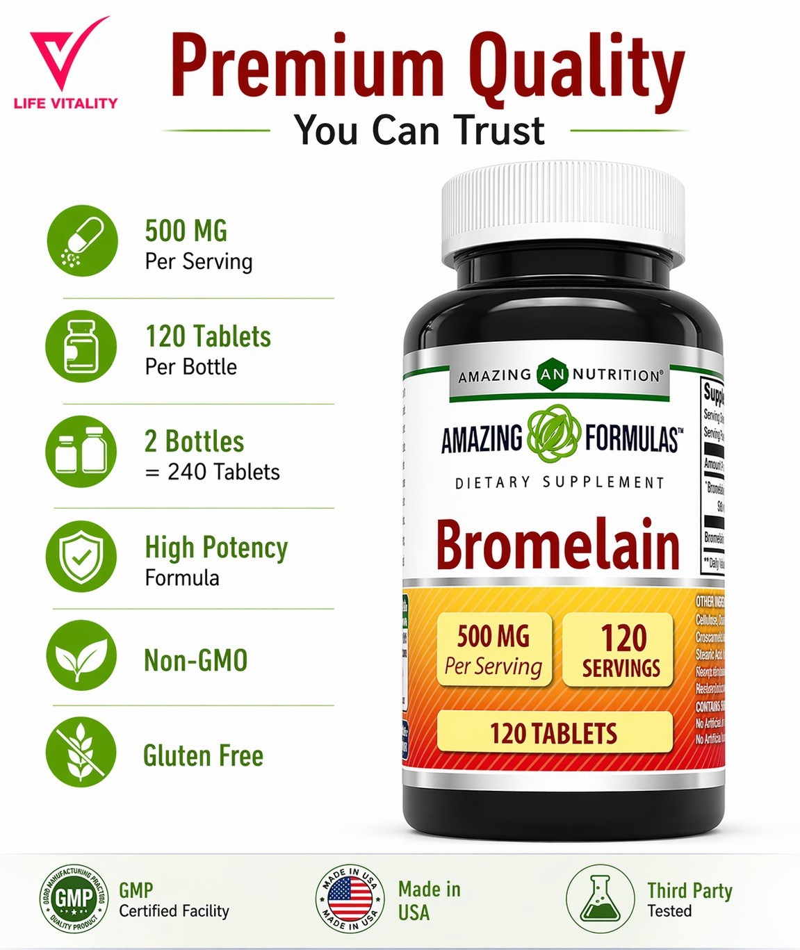 Bromelain 500mg “2 Pack “240 Tablets Digestive Enzyme Immune Support