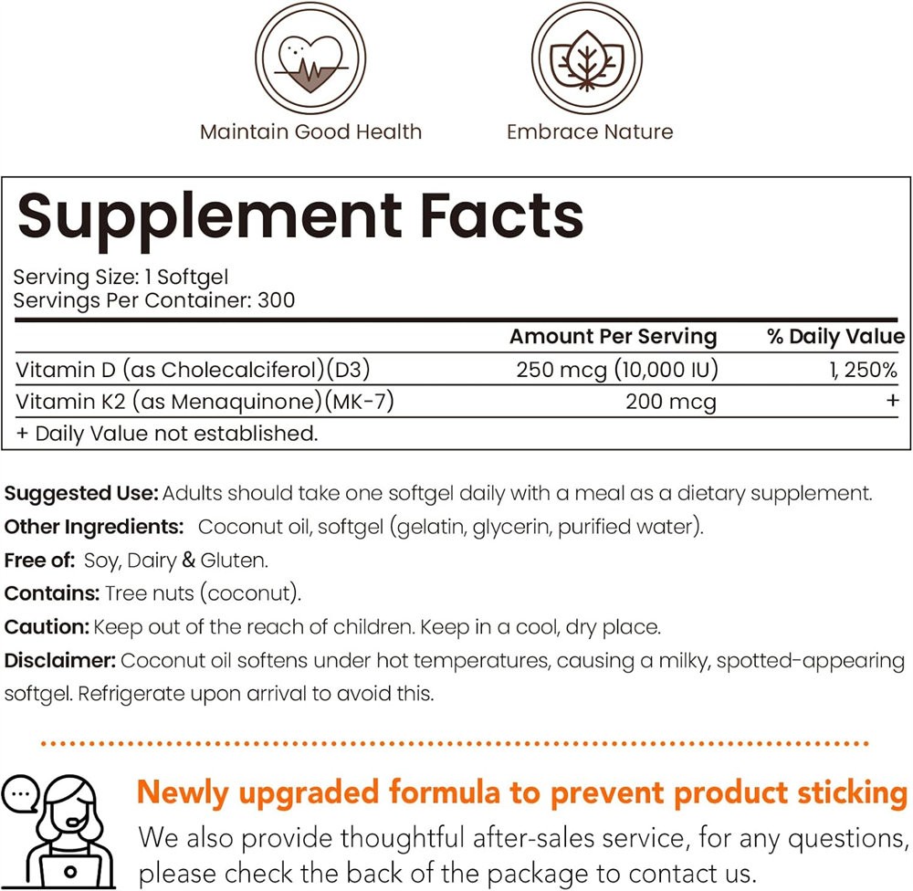 Microingredients Vitamin D3 10000 iu K2 (MK-7) 200 mcg, 300 Coconut Oil Softgels