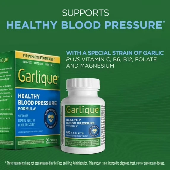 Garlique Healthy Blood Pressure Supplement 60 Caplets Odor Free Vegan Gluten