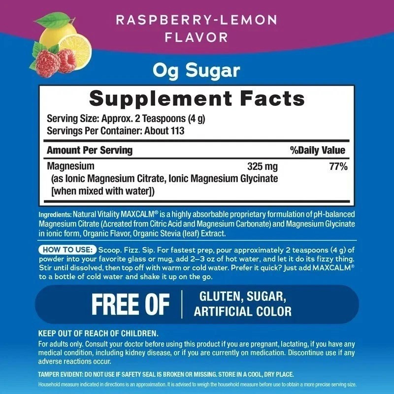 Calm Magnesium Powder Natural Vitality Raspberry Lemon Flavor 16oz Supplement