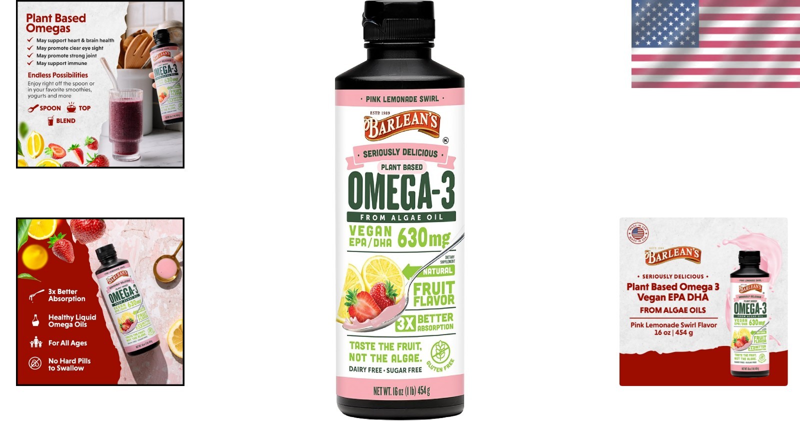 Liquid Algae Omega 3 in Pink Lemonade Flavor – 16 oz Heart Health Support