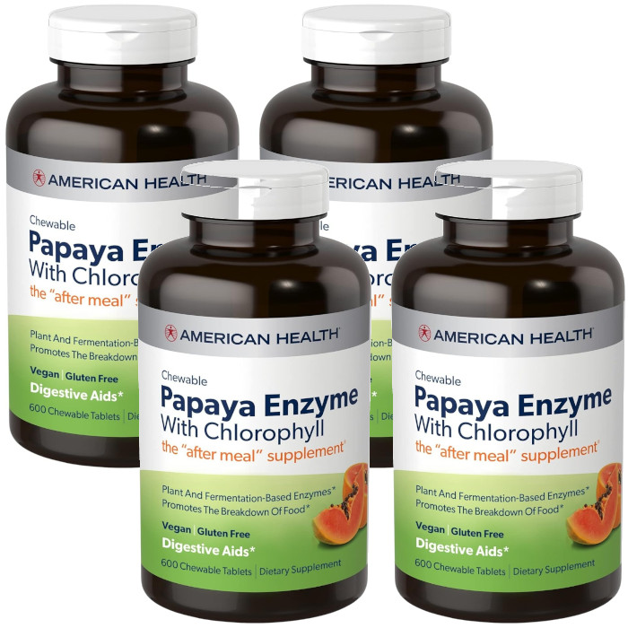 American Health Chewable Papaya Enzyme with Chlorophyll 600 Tabs Each (Pack of 4