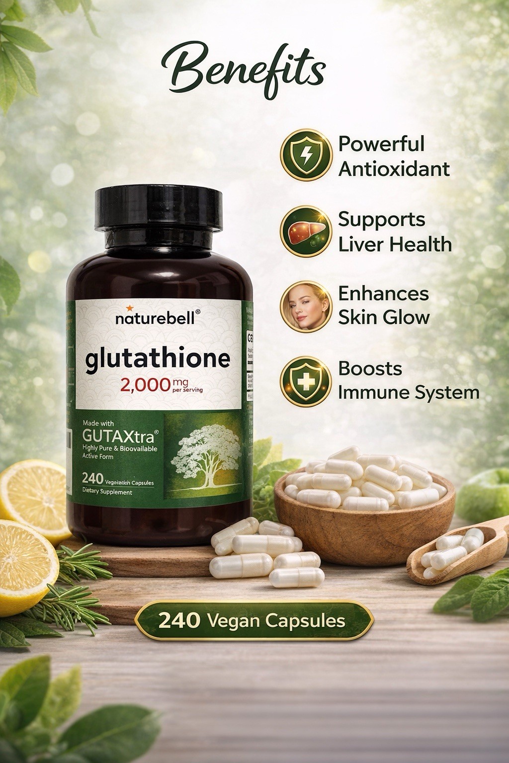 Glutathione 2000mg 240 Capsules Antioxidant Detox Skin Glow Liver Support
