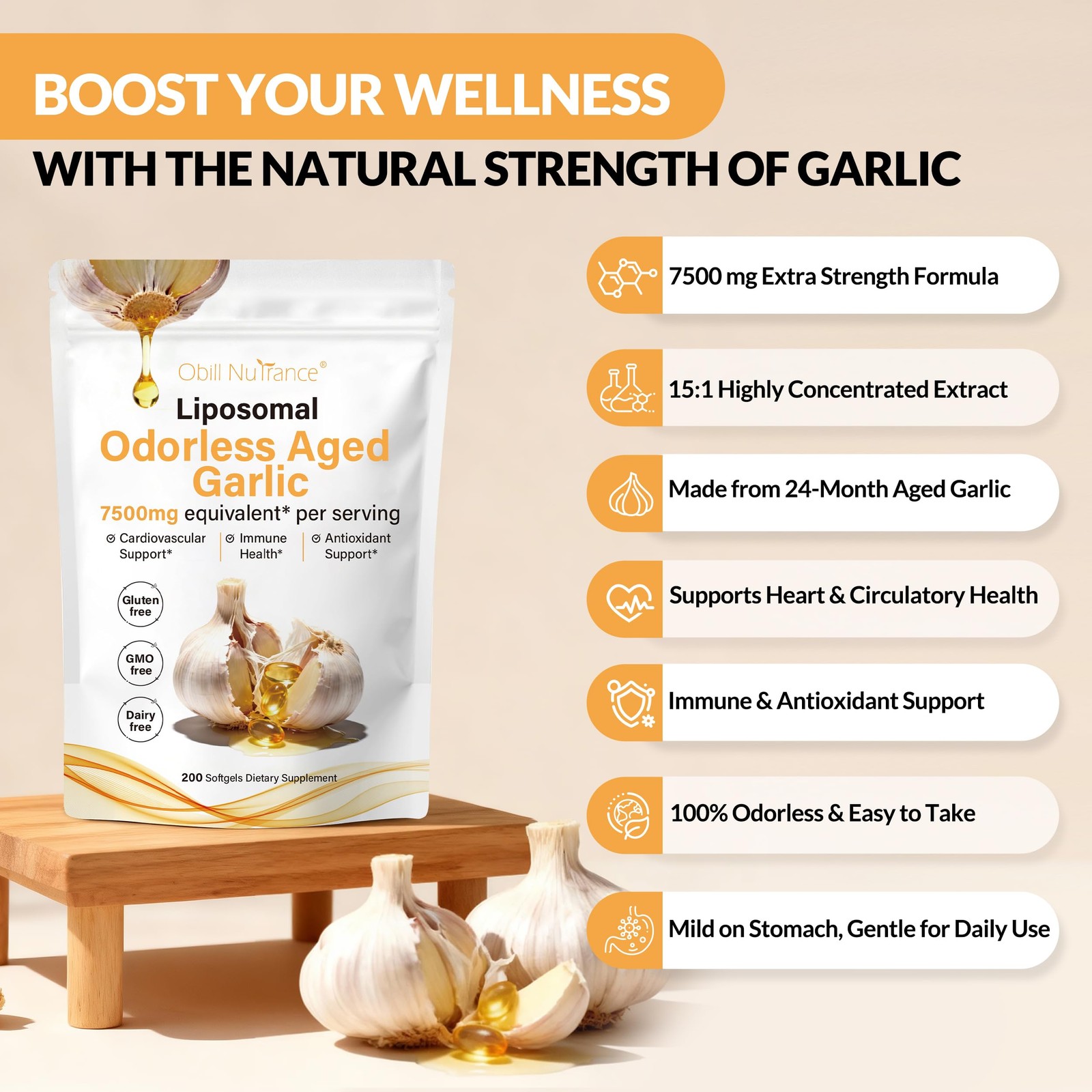 Aged Garlic Extract, 7500mg Odorless 200 Count (Pack of 1)