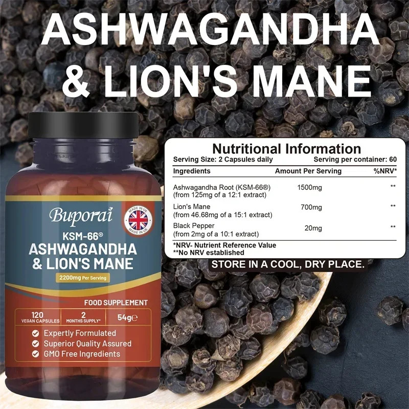 Ashwagandha and Lion’s Mane 120pcs,Support Cognitive Function and Memory Health