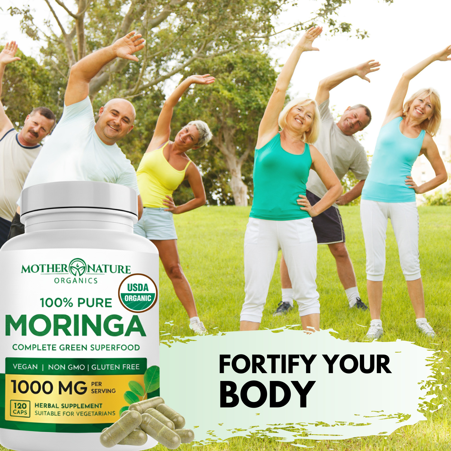 Organic Moringa Capsules, 100% Raw from India, 120ct, Green Supplement.