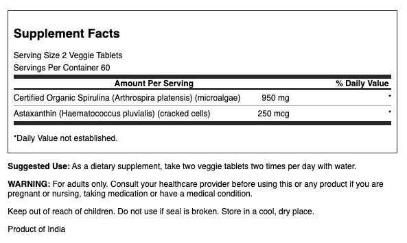 Swanson Organic Spirulina and Astaxanthin 120 Veggie Tablets