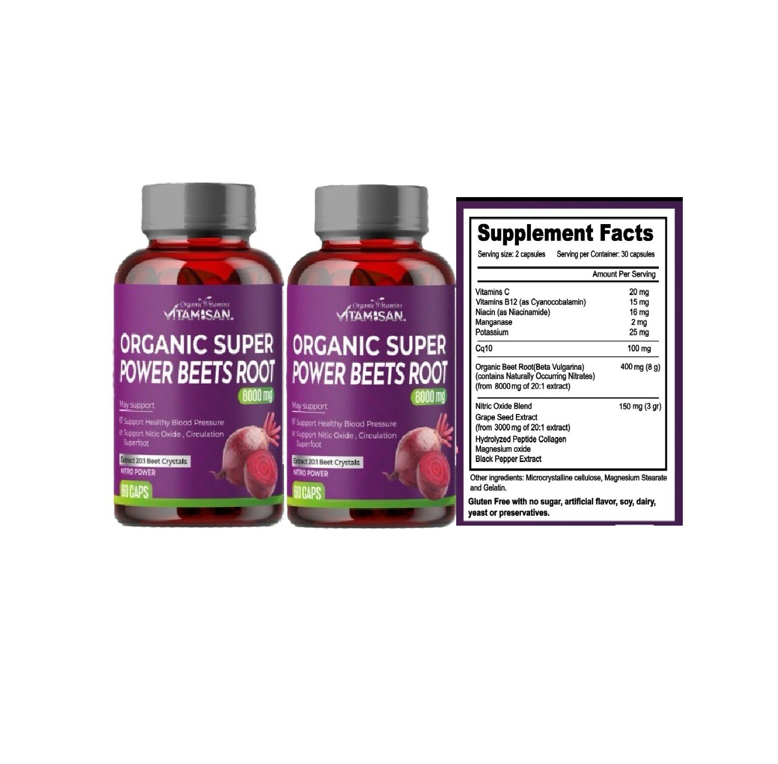 Super Beets Root 800mg-CoQ10 + Collagen – 2 Bottles – 120 Capsules USA