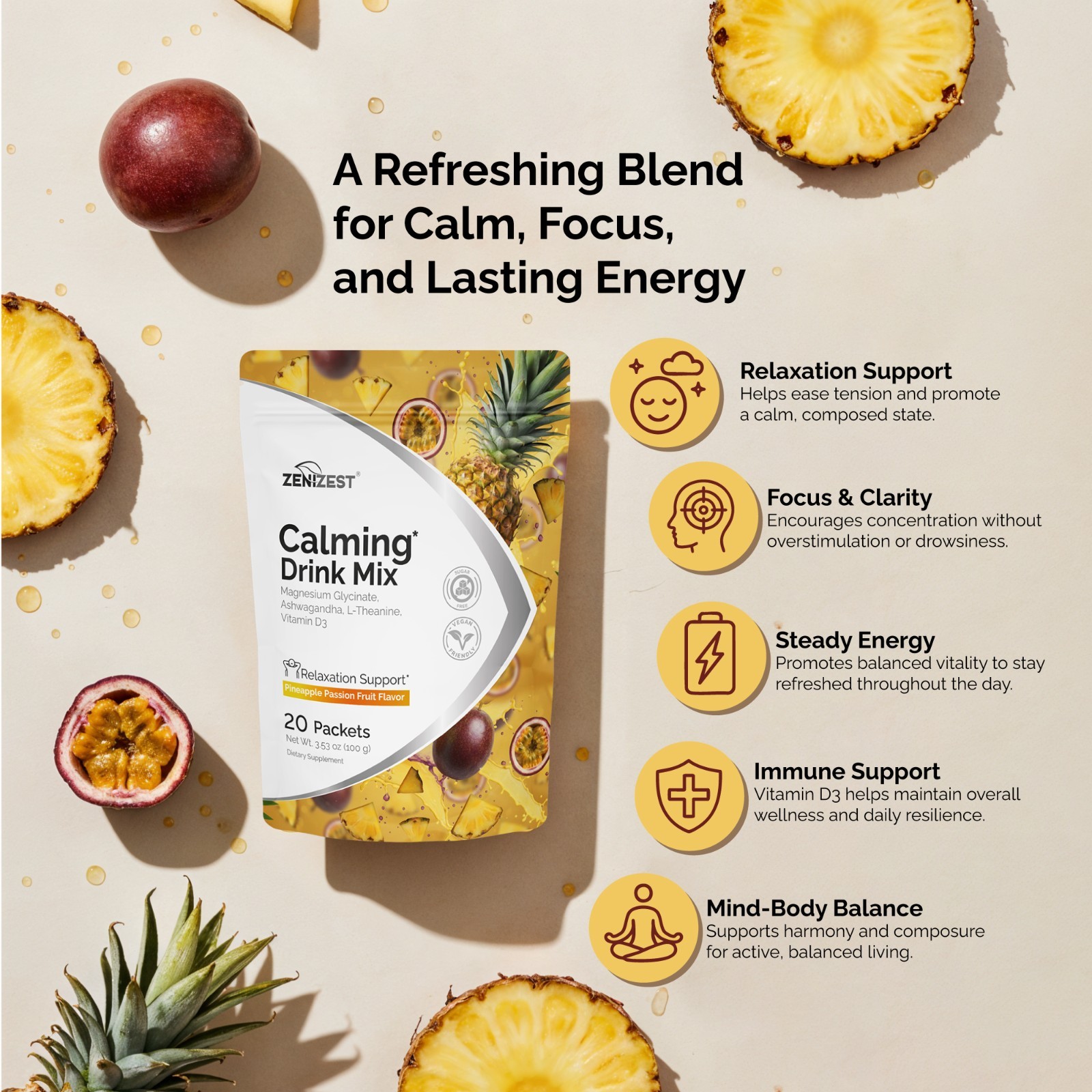 ZeniZest Calming Drink Mix Powder – Natural Cortisol Balance