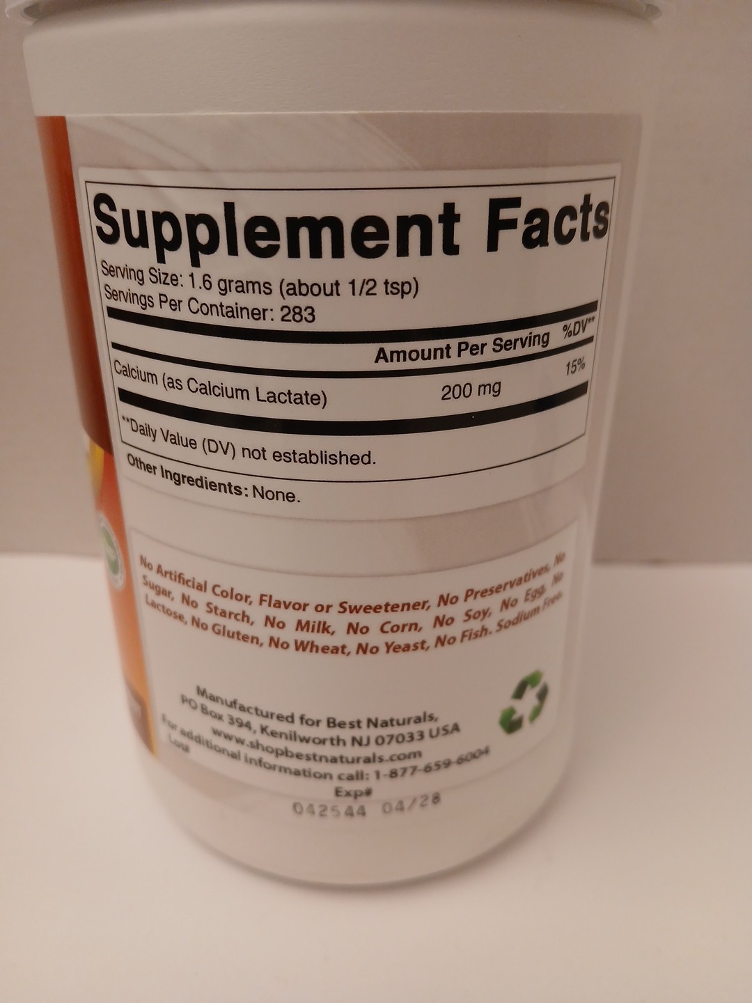 Calcium Lactate Pure Powder 1 lb/454g 283 Servings Exp: 4/28