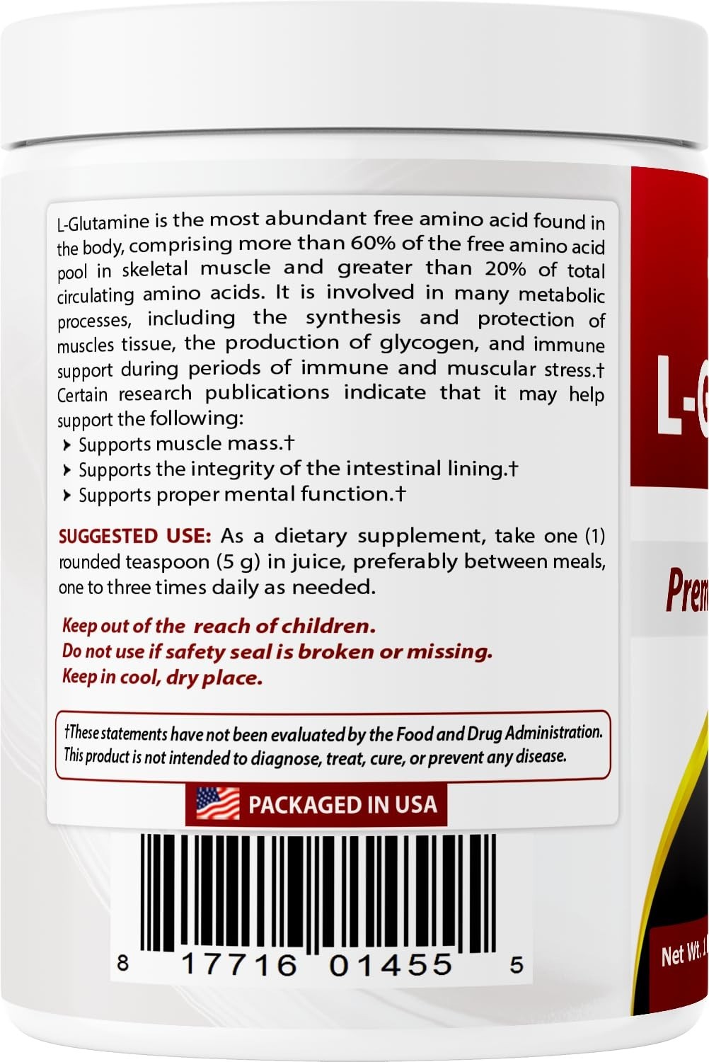 100% Pure L-Glutamine Powder 1lb – Free Form Amino Acid for Muscle Recovery
