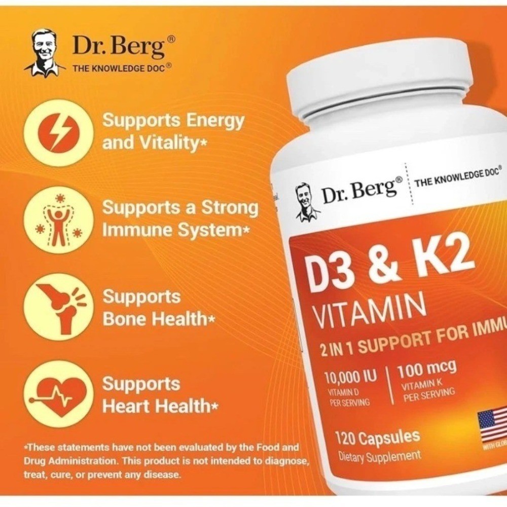 Dr. Berg’s Nutritionals 100mg Vitamin D3 & K2 Supplement Support,120 Capsules