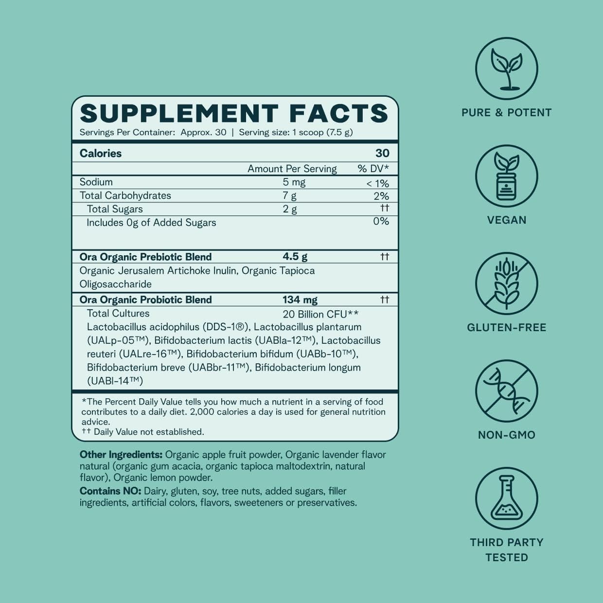 Ora Organic Prebiotic and Probiotic Powder Supplement – 20 Billion Probiotics, 7