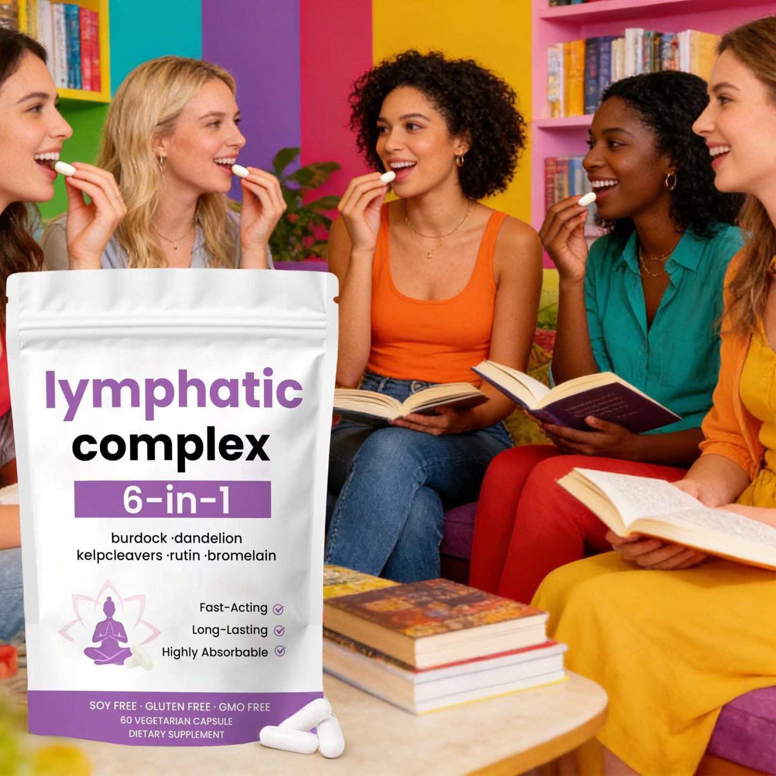 6-in-1 Lymphatic Complex Drainage Supplement Dandelion Burdock Bromelain