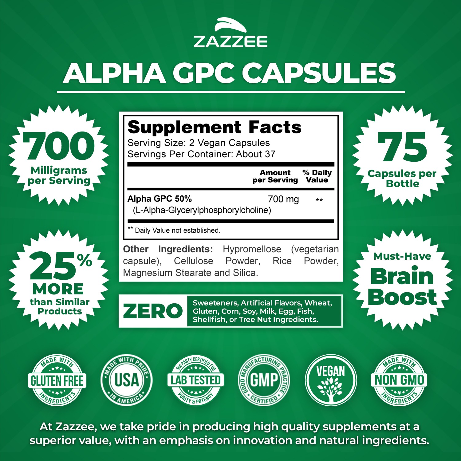 Alpha GPC Choline 75 Veggie Caps 700 mg per Serving Pharmaceutical Grade Non-GMO