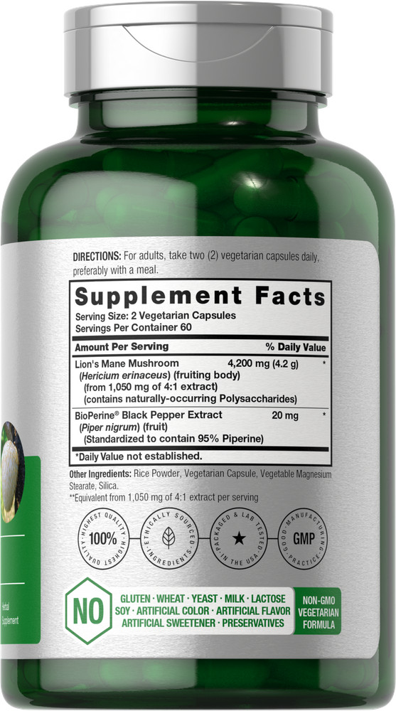 Lions Mane Mushroom Capsules | 4200mg | 120 Count | Vegetarian | by Horbaach