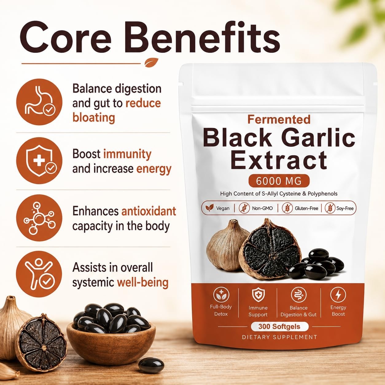 Natural Fermented Black Garlic Extract – Odorless Aged Garlic, 300 Softgels, Imm