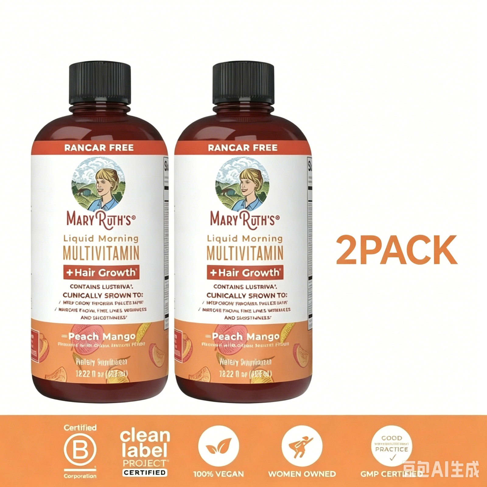 2 Pack Mary Ruth’s Morning Multivitamin Hair Growth Solution Peach Mango 15.22OZ