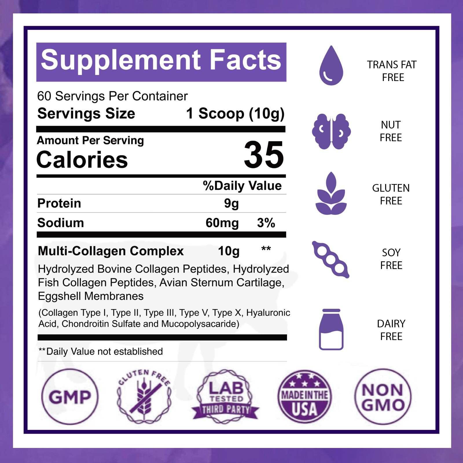 Multi Collagen Protein Powder-1.32lb Hydrolyzed Peptides I,II,III,V,X Unflavored
