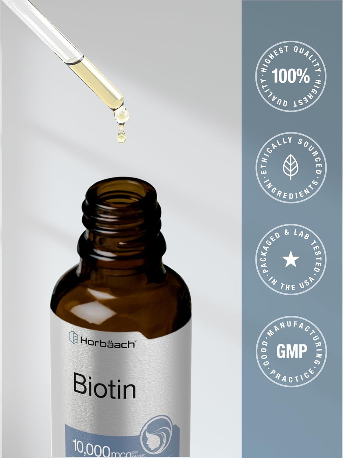Biotin Liquid 10000mcg | 4 fl oz | Vegetarian Drops, Non-GMO | by Horbaach