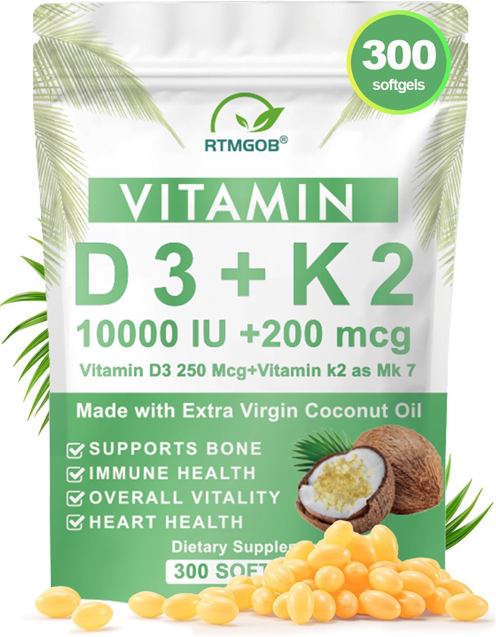 Microingredients Vitamin D3 10000 iu K2 (MK-7) 200 mcg, 300 Coconut Oil Softgels