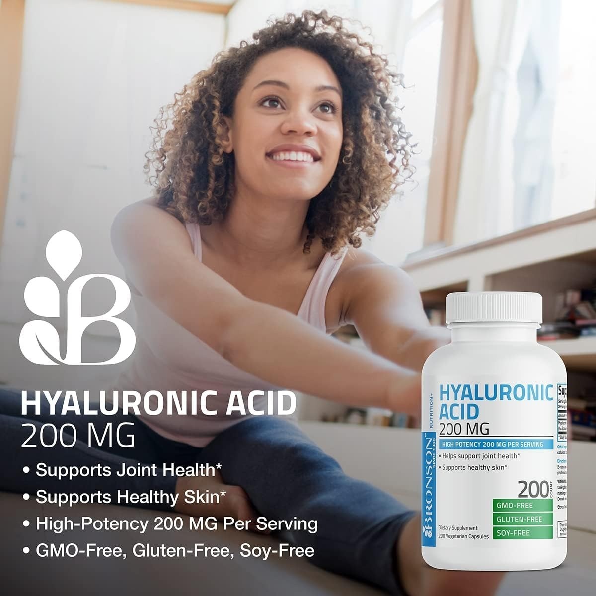 Bronson Hyaluronic Acid 200 MG – Joint & Skin Support – 100 Vegetarian Capsules