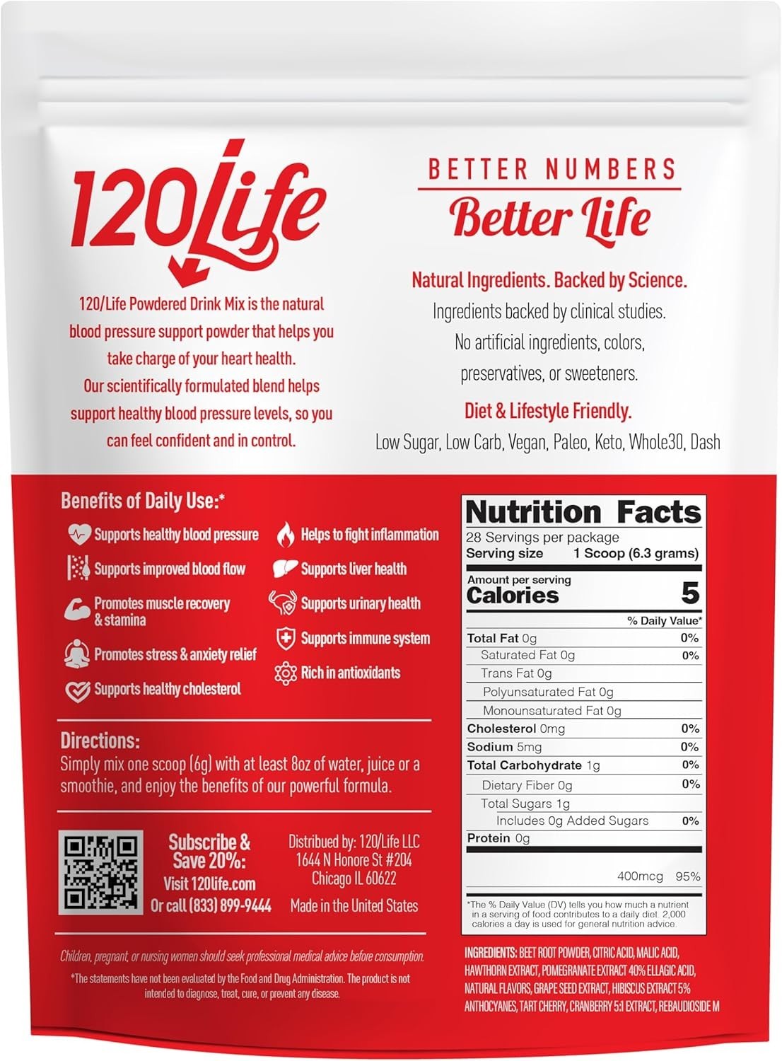 120LIFE Blood Pressure Support Beet Root Powder Pomegranate Drink Mix 28 Serving