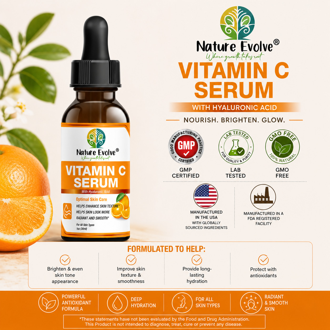 Nature Evolve Vitamin C Serum with Hyaluronic Acid – 1 fl oz (30 ml)