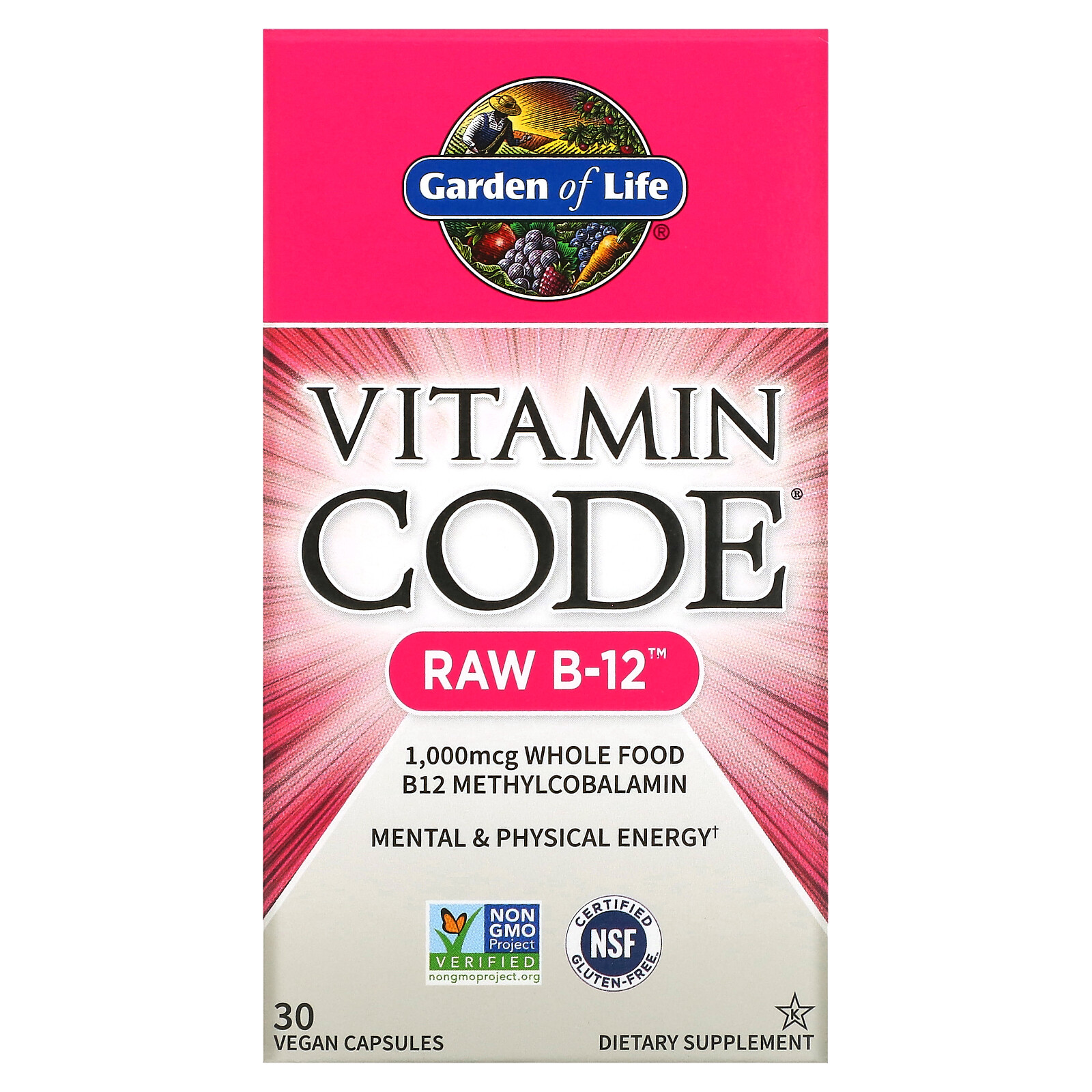 Garden of Life Vitamin Code Raw B-12 30 Vegan Caps Gluten-Free, Kosher, No